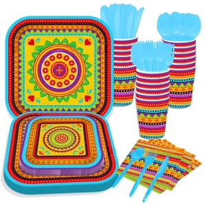 Vibrant Mexican Fiesta themed party tableware set including square plates, cups and napkins