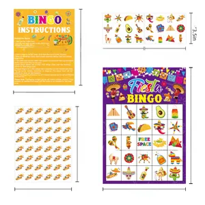 Dimensions of Mexican Fiesta Bingo game set components with festive illustrations