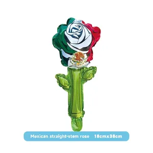 Rose shaped Mexican flag aluminum foil stick balloon for party decoration 18x38cm