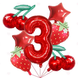 Summer fruit theme party decoration set with red number 3 strawberry and cherry foil balloons