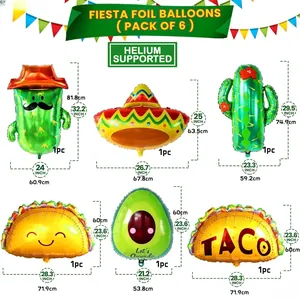 Detailed dimensions for 6-pack Mexican fiesta foil balloons including taco and cactus shapes