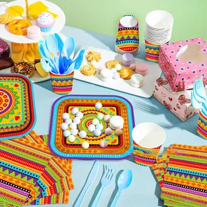 Detailed scene of Mexican party tableware set with colorful geometric patterns.