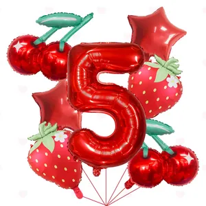 Vibrant red number 5 foil balloon set with strawberry and cherry shapes for parties