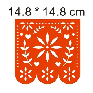 Orange Mexican papel picado banner with hollow floral heart pattern, 14.8x14.8cm