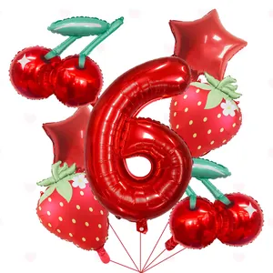 Vibrant summer fruit-themed foil balloon set featuring strawberry cherry and red number 6
