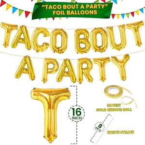 16-inch gold foil letter balloons TACO BOUT A PARTY with 32ft ribbon and straw set