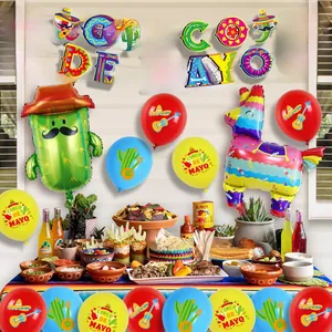 Close-up detailed view of Cinco de Mayo party decoration set including banner and balloons
