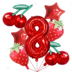 Red number 8 balloon with strawberry and cherry foil set for girl's birthday party