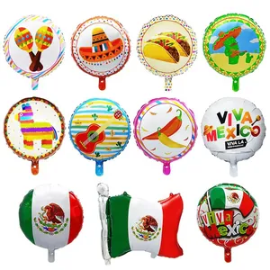 Mexican Carnival Festive Aluminum Film Balloon Round Party Decoration Sombrero Guitar Cactus Taco Pattern Balloon