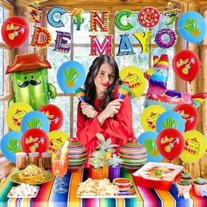 Festive Cinco de Mayo party decoration set with colorful balloons, banner and cactus
