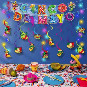 Festive Cinco de Mayo party decoration set with colorful banner and hanging swirls display