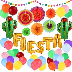Colorful Mexican Fiesta party decoration set with FIESTA letter and cactus balloons
