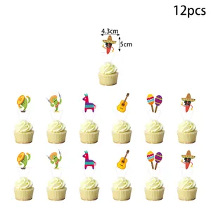 Detaillierte Größenangabe für 12 mexikanische Fiesta-Cupcake-Topper mit Kaktus-Motiv