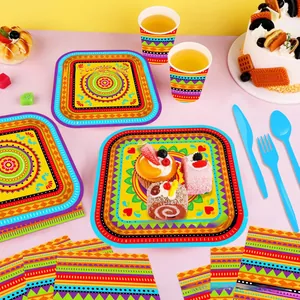 Vibrant Mexican-themed party tableware set with paper plates, cups, and napkins