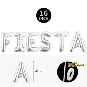 Detailed specifications of 16 inch silver FIESTA balloon set with straw and ribbon accessories