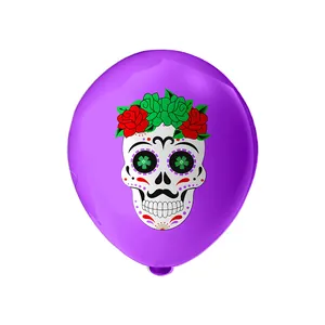 Close-up of traditional sugar skull design with roses on purple latex party balloon