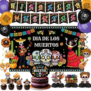 Complete Day of the Dead party decoration set with skull backdrop and colorful banners
