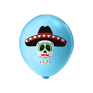 Detailed print of a sugar skull with sombrero on a blue Day of the Dead party balloon
