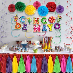 Full Mexican Cinco de Mayo party decoration kit including banners and pom poms