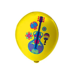 Detail of 12-inch yellow latex balloon with vibrant Mexican Day of the Dead guitar and skull print
