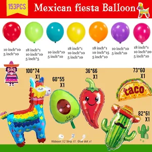 Dettaglio del set di 153 palloncini fiesta messicana con taco lama e cactus in alluminio