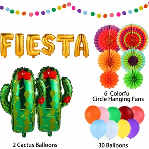 Complete Mexican Fiesta party decoration set with gold balloons and cactus balloons