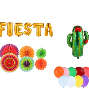 Vibrant Mexican Fiesta party decoration set with cactus foil balloon and paper fans