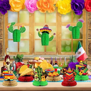 Mexican Cinco de Mayo party honeycomb centerpieces set with cactus and taco designs
