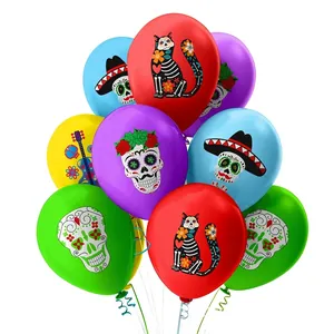 Mexican Day Of The Dead Latex Balloons Sugar Skull Skeleton Cat Print Decorations For Halloween Party Supplies Decor