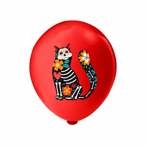 Vibrant red 12-inch Day of the Dead latex balloon featuring a sugar skull cat design