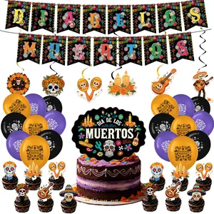 Dia De Los Muertos party decoration set featuring a banner balloons and cake toppers