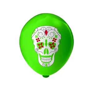 12-inch green latex balloon with white sugar skull print for Day of the Dead theme