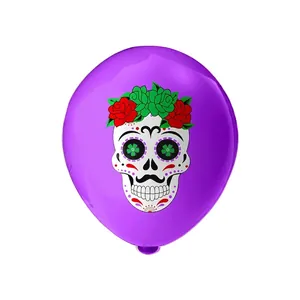 Purple 12-inch latex balloon featuring a festive Mexican Day of the Dead sugar skull design
