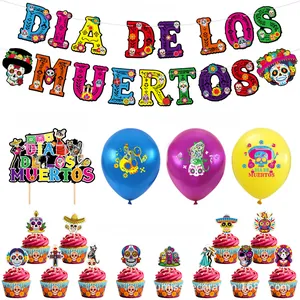 Dia De Los Muertos party decoration kit with banner, balloons, and cake toppers