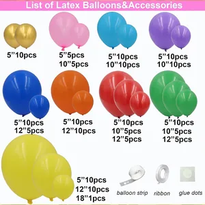 Inventario dettagliato con varie dimensioni di palloncini in lattice e accessori per feste
