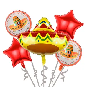 Close-up detail of Mexican Fiesta party balloon set with sombrero and star foil balloons
