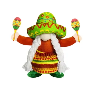 Detail of Mexican gnome plush doll with sombrero and maracas for carnival decoration