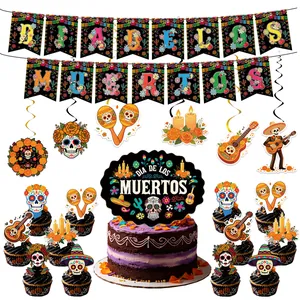 Vibrant Dia de los Muertos party decoration kit with banner, swirls, and cake toppers