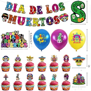 Detail view of Day of the Dead party set with banner, balloons, and cake toppers