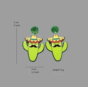 Close-up of Mexican cactus earrings with sombrero and mustache, 5cm height