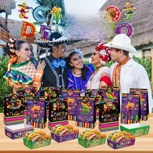 Vibrant Cinco de Mayo party decoration set featuring paper bags, banners, and food trays