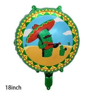 18-inch round Mexican Fiesta foil balloon featuring a cactus playing guitar illustration