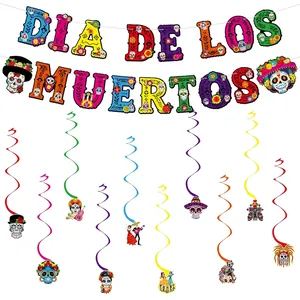 Colorful Mexican Dia de los Muertos party banner and hanging swirl decorations set