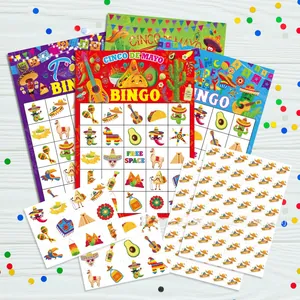 Colorful Cinco de Mayo party bingo cards and sticker sheets with Mexican icons