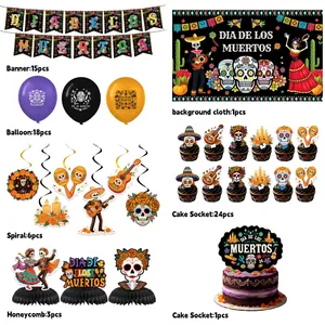Detailed view of Dia De Los Muertos party kit including banner, balloons and cake toppers