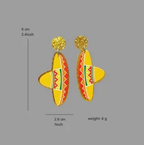 Mexican Cinco de Mayo sombrero earrings with size info, yellow glitter stud design