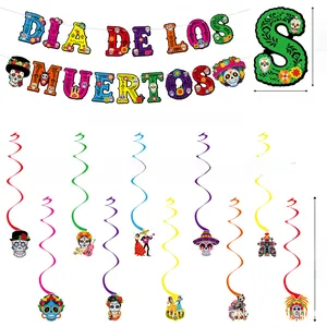 Set of Day of the Dead party decorations including banner and 10pcs paper swirls