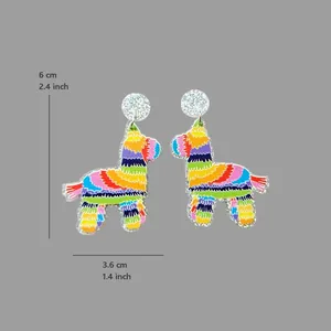Detailed view of colorful piñata donkey earrings with silver glitter studs and size info.