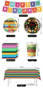 Mexican theme party set with colorful banners, plates, napkins, cups, and tablecloth.
