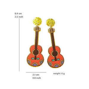 Detailed measurements of Mexican Fiesta guitar earrings with colorful festive patterns